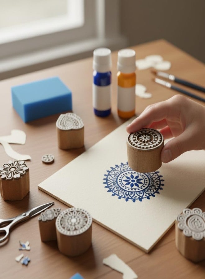 KHUSHA CREATIONS Wooden Block Printing Kit For Fabric, Paper & Craft | 10 Handcrafted Wooden Stamps with 2 Paints | Reusable Block Printing Tools for Kids & Adults | DIY Textile, Scrapbook & Art Project Set - Image 4